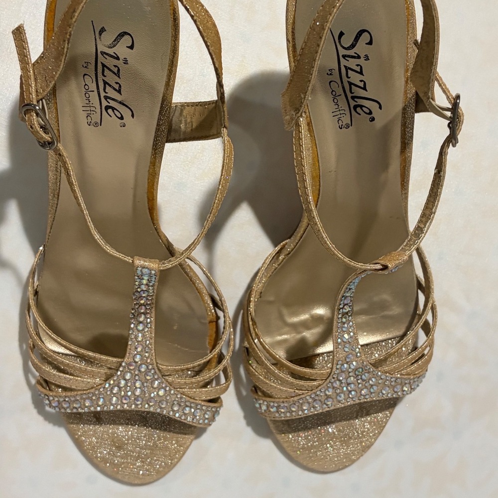 Sizzle‎ by Coloriffics Gold Glitter Rhinestone T-Strap Dress Heels Sandals